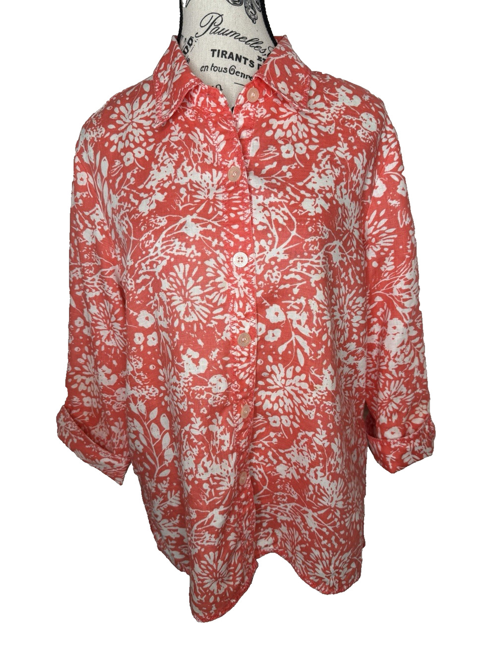 Liz Claiborne Women’s Blouse Large 100% Linen 3/4 Sleeves Orange/White Floral